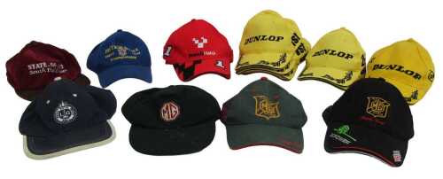 Various motor racing caps, including Dunlop 1st Place cap, Dunlop 2nd Place cap, Brands Hatch '3'...
