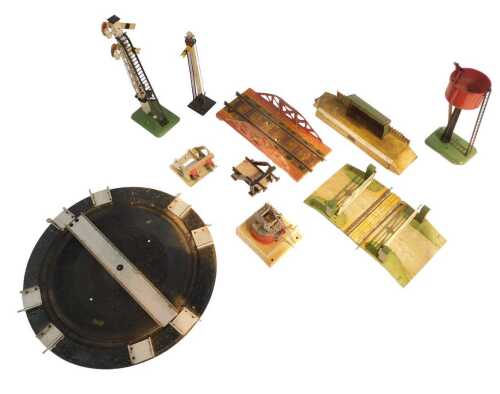 Hornby Series O gauge tinplate accessories, including platform crane, home signal, turntable,...
