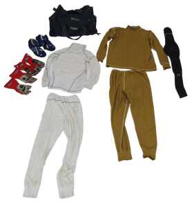 Various motorsport clothing, including Sparko Carmyth silver undersuit, Sparko racing gloves,...