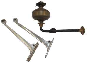 A pair of British Rail luggage rack brackets, and a Midland Railway Company oil lamp and sconce....