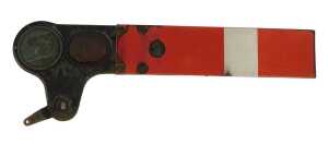 A British quadrant home signal, complete with green and red glasses, purportedly the home up...