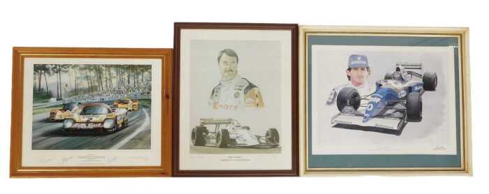 Motor racing prints, including Nigel Mansell Portrait of a Racing Driver, signed print, Winning...
