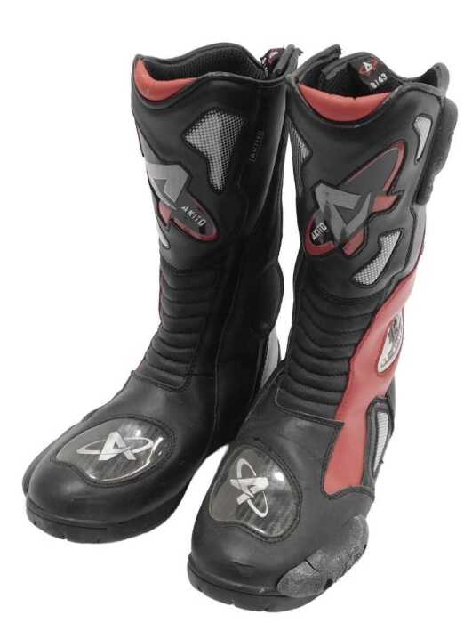 A pair of Atiko M-Pack motorcycle boots, size 9, with Tuffman soles.
