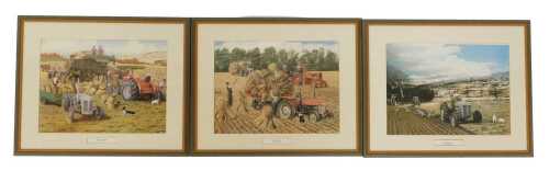 Ray Hutchins prints, comprising Autumn Threshing, Summer Reaping, and Winter Ploughing, framed,...