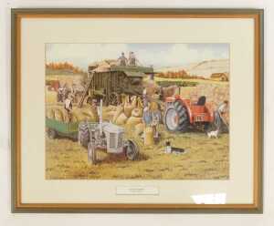 Ray Hutchins prints, comprising Autumn Threshing, Summer Reaping, and Winter Ploughing, framed,... - 2