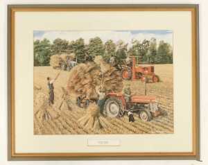 Ray Hutchins prints, comprising Autumn Threshing, Summer Reaping, and Winter Ploughing, framed,... - 5