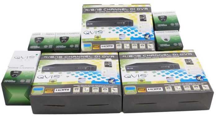 A Qvis security system, comprising three 4/8/16 channel D1 DVRs, and six dome cameras, all boxed....