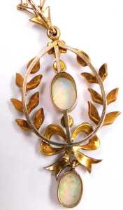 An Edwardian opal and seed pearl pendant, of wreath and tied bow form, unmarked, on a neck chain... - 3