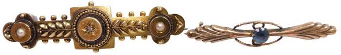 A Victorian diamond and seed pearl set Etruscan style brooch, yellow metal, stamped 15ct, 3.7g,...