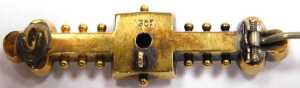 A Victorian diamond and seed pearl set Etruscan style brooch, yellow metal, stamped 15ct, 3.7g,... - 4
