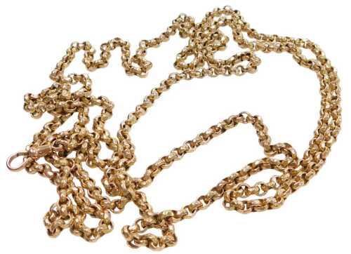 A gold plated Longuard muff chain, on a lobster claw clasp, approx 140cm long.