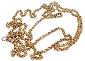 A gold plated Longuard muff chain, on a lobster claw clasp, approx 140cm long.