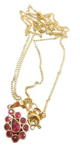 An amethyst teardrop pendant, in yellow metal, stamped 9k, on a 9ct fine gold neck chain, with...