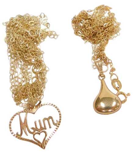 A gourd pendant, yellow metal, stamped 9ct, on a fine link neck chain stamped 375, together with...