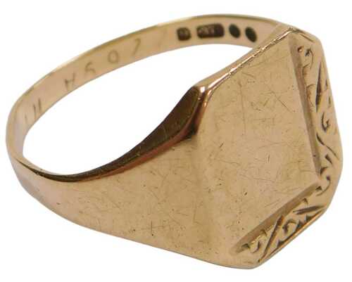 A gentleman's 9ct gold signet ring, the canted rectangular table, with partial foliate engraving,...