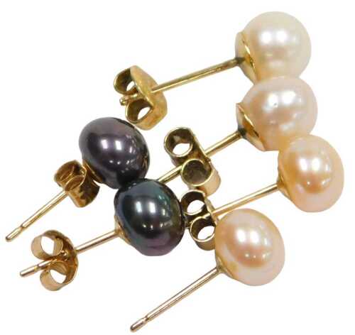 A pair of 9ct gold and cultured pearl earrings, further pair of cultured pearl earrings, and a...