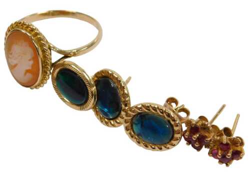 A cameo ring, bust portrait of a lady, in yellow metal, stamped 9ct, size P&frac12;, together with two...