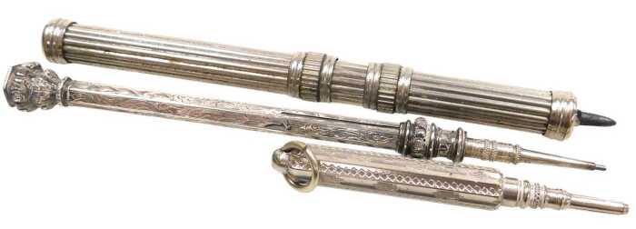 Three 19thC and later silver plated propelling pencils.