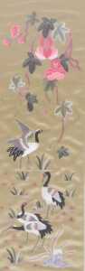 A pair of 20thC Chinese silkwork pictures, of flowers and cranes, each within a diaper work... - 2