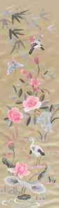 A pair of 20thC Chinese silkwork pictures, of flowers and cranes, each within a diaper work... - 3
