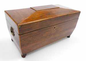 A Regency rosewood tea caddy, of sarcophagus form, the hinged lid opening to reveal two lidded... - 2