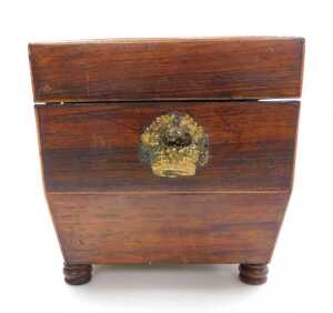 A Regency rosewood tea caddy, of sarcophagus form, the hinged lid opening to reveal two lidded... - 4
