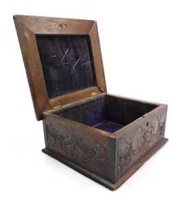 A late 19thC Black Forest wooden sewing box, the lid carved with flowers, 23cm wide, 20.5cm deep. - 2