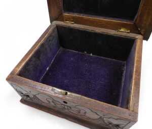 A late 19thC Black Forest wooden sewing box, the lid carved with flowers, 23cm wide, 20.5cm deep. - 4