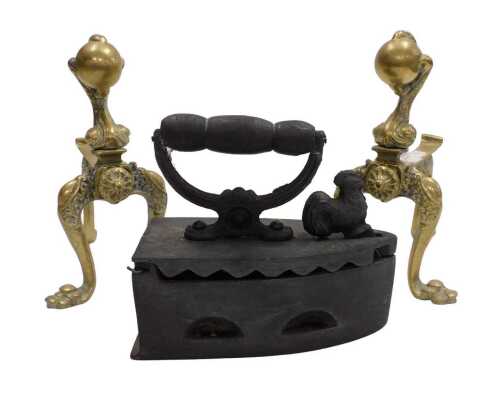 A Victorian cast iron flat iron, with a hinged lid fronted by a cockerel, 20.5cm wide, together...