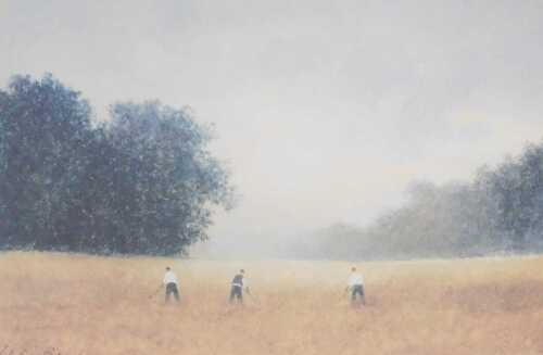 John Bond (British b1945). Harvesting Hay, with three figures with scythes, limited edition...
