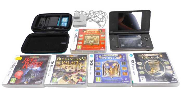 A Nintendo DS, cased, and games, comprising Hidden Mysteries Buckingham Palace, Real Crimes Jack...