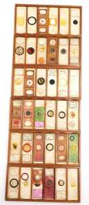 Seventy-two late 19thC microscope slides, containing botanical samples, in a mahogany twelve... - 2