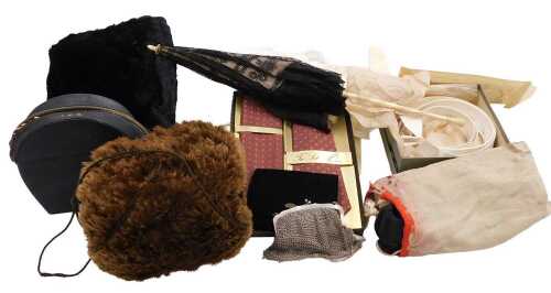 Edwardian and later gentleman's and lady's clothing, including two fur muffs, gentleman's white...