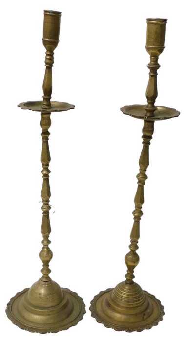 A pair of 19thC brass altar stands, each on a lotus base, 70cm High. (AF)