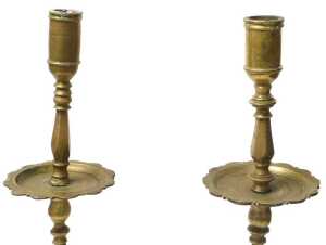 A pair of 19thC brass altar stands, each on a lotus base, 70cm High. (AF) - 2
