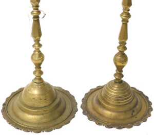 A pair of 19thC brass altar stands, each on a lotus base, 70cm High. (AF) - 3