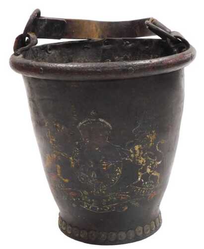 A 19thC leather fire bucket, bearing a Royal coat of arms, 28cm high.