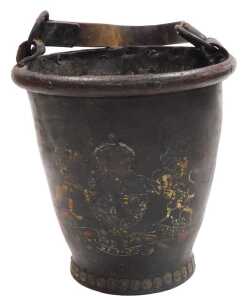 A 19thC leather fire bucket, bearing a Royal coat of arms, 28cm high.