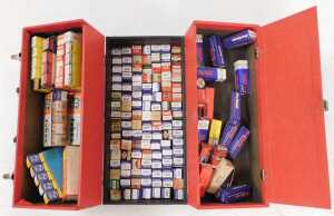 A mid century RCA vacuum tubes case, in red and black, the drop down front opening to reveal... - 2