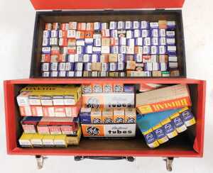 A mid century RCA vacuum tubes case, in red and black, the drop down front opening to reveal... - 3