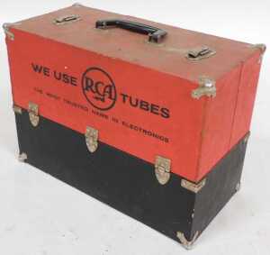 A mid century RCA vacuum tubes case, in red and black, the drop down front opening to reveal... - 4