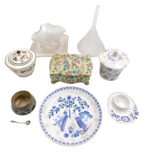 A group of ceramics and glass, including a late 19thC Doulton stoneware salt cellar, a 19thC...