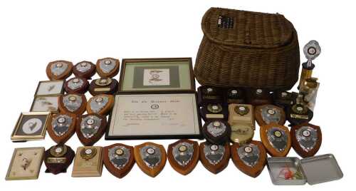 Framed salmon flies and fly dressing trophies, from the collection of John Poyner, and a fishing...