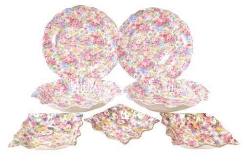 Three early 20thC James Kent du Barry pattern square dishes, sheet decorated with flowers,...