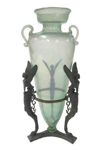 A 19thC Italian Grand Tour bronze and glass amphorae, the green glass amphorae of tapering form,...