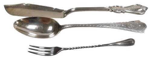 A Victorian silver butter knife, London 1844, teaspoon with bright cut engraving, London 1877,...