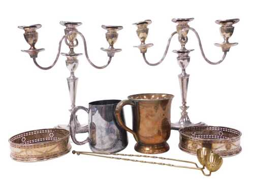 A pair of 19thC Adam style twin branch candelabra, 28cm high, a pair of plated wine coasters,...