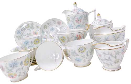 A Minton porcelain Vanessa pattern part tea service, comprising teapot, hot water jug, cream jug,...