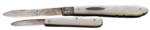 An Edward VII mother of pearl bound silver folding pocket knife, Sheffield 1902, and a further...