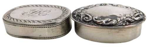 A George III oval snuff box, of oval form, monogram engraved, within a stipple engraved foliate...